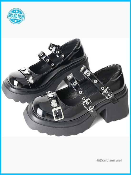 Shoes - Chunky Platform Mary Janes with Heart Buckle, Round Toe, Y2K Goth Lolita